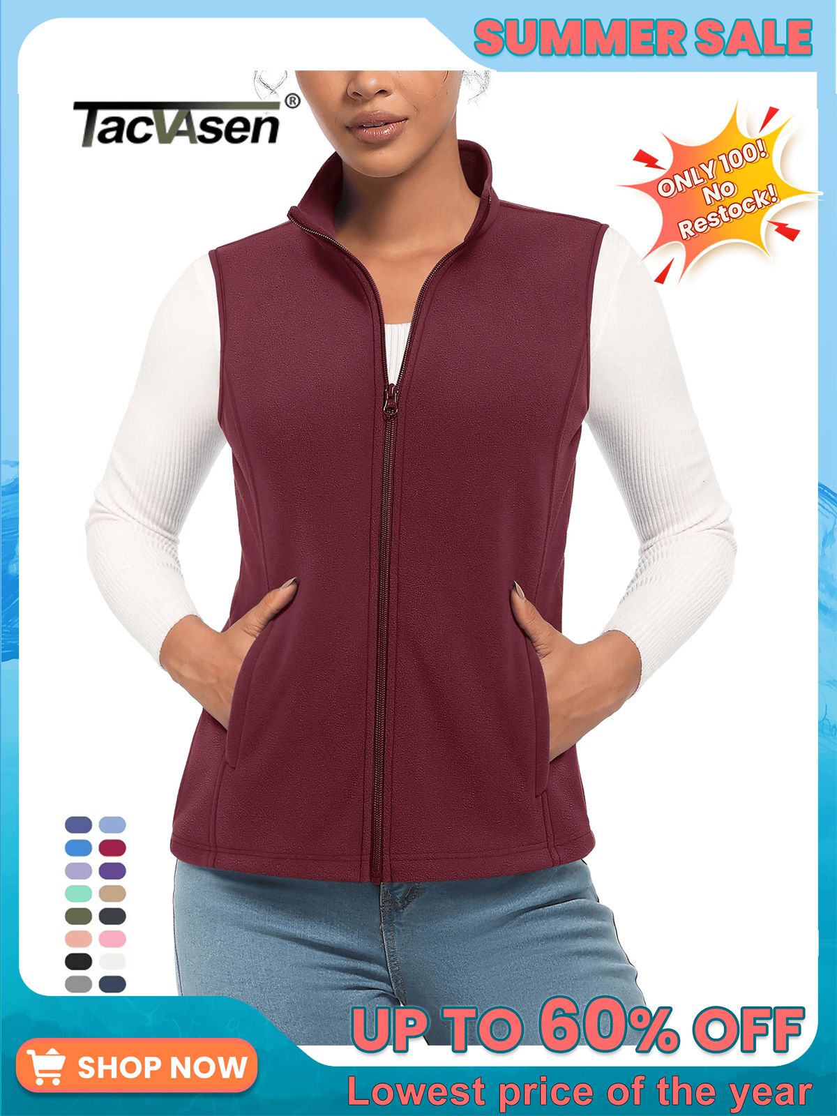 TACVASEN Fleese Sleeveless Vests Womens Fall Winter Thermal Hiking Golf Waistcoats Soft Casual Outerwear Zip Jackets 4 Pockets