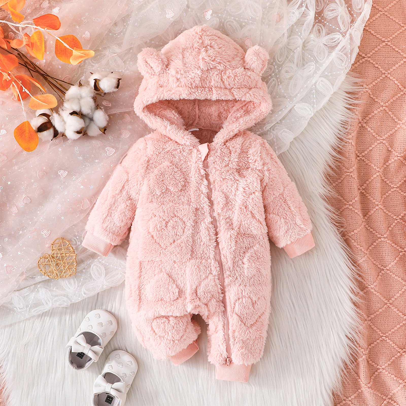 Newborn Baby Girls Boys Winter Rompers Solid Color Plush Long Sleeve Zip-up Hooded Jumpsuits for Infants Toddlers Warm Outfit