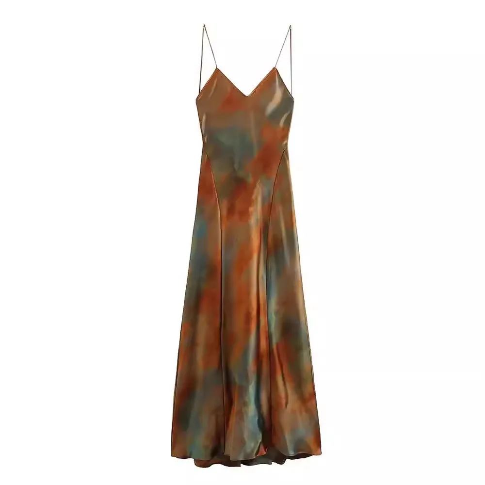 Vintage V-Neck Printing Tank Dress Women's 2024 Summer New Style French Sexy Elegant Open-Back Long Dress