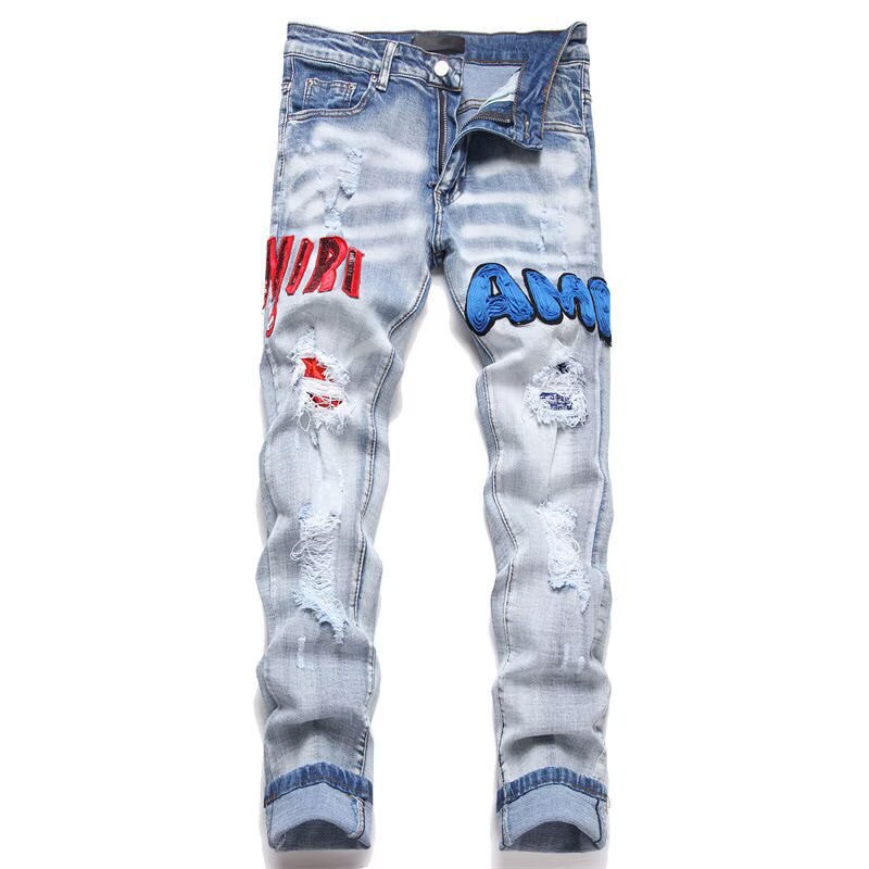 AM Jeans Designer Jeans Men's Jeans High Stretch Skinny Pants Color Distressed Black Streetwear Button Ripped Brand Hip Hop High Street Jeans F