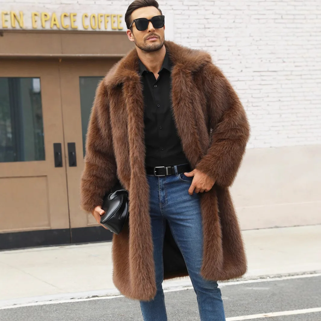 Men Faux Fox Fur Jacket Autumn Winter Thick Maxi Coat Long Sleeve Warm Luxury Fur Black Parkas Bontjas Furry Shaggy Outerwear
