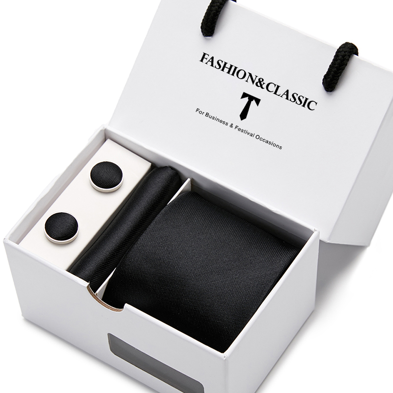High Quality 7.5 cm Black Solid Men's Necktie Handkerchief Cufflinks Set For Men Wedding Neckties Gravatas In Gift Box