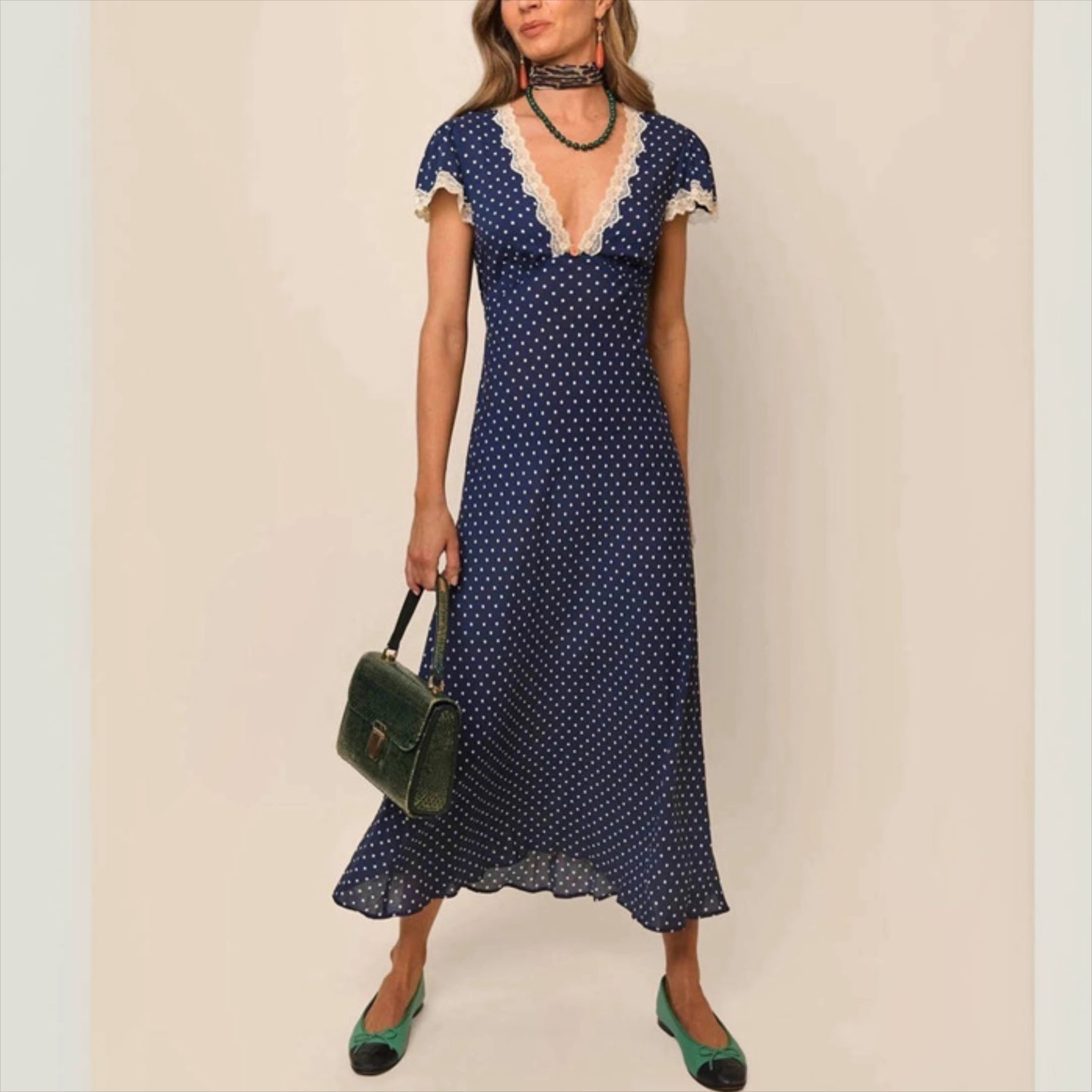 Sexy Deep V Neck Maxi Dresses Women Party Vintage Elegant Navy Cotton Rayon Polka dot Prined Splice Lace Dress Summer Vestidos