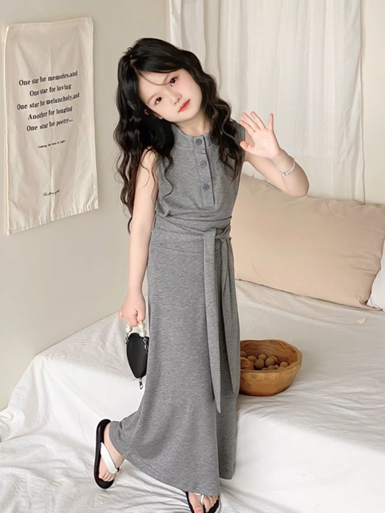 D13 Children&#039;s clothing 2025 summer new style celebrity style gray short vest girl high waist strap hip fishtail skirt-image-1066066576