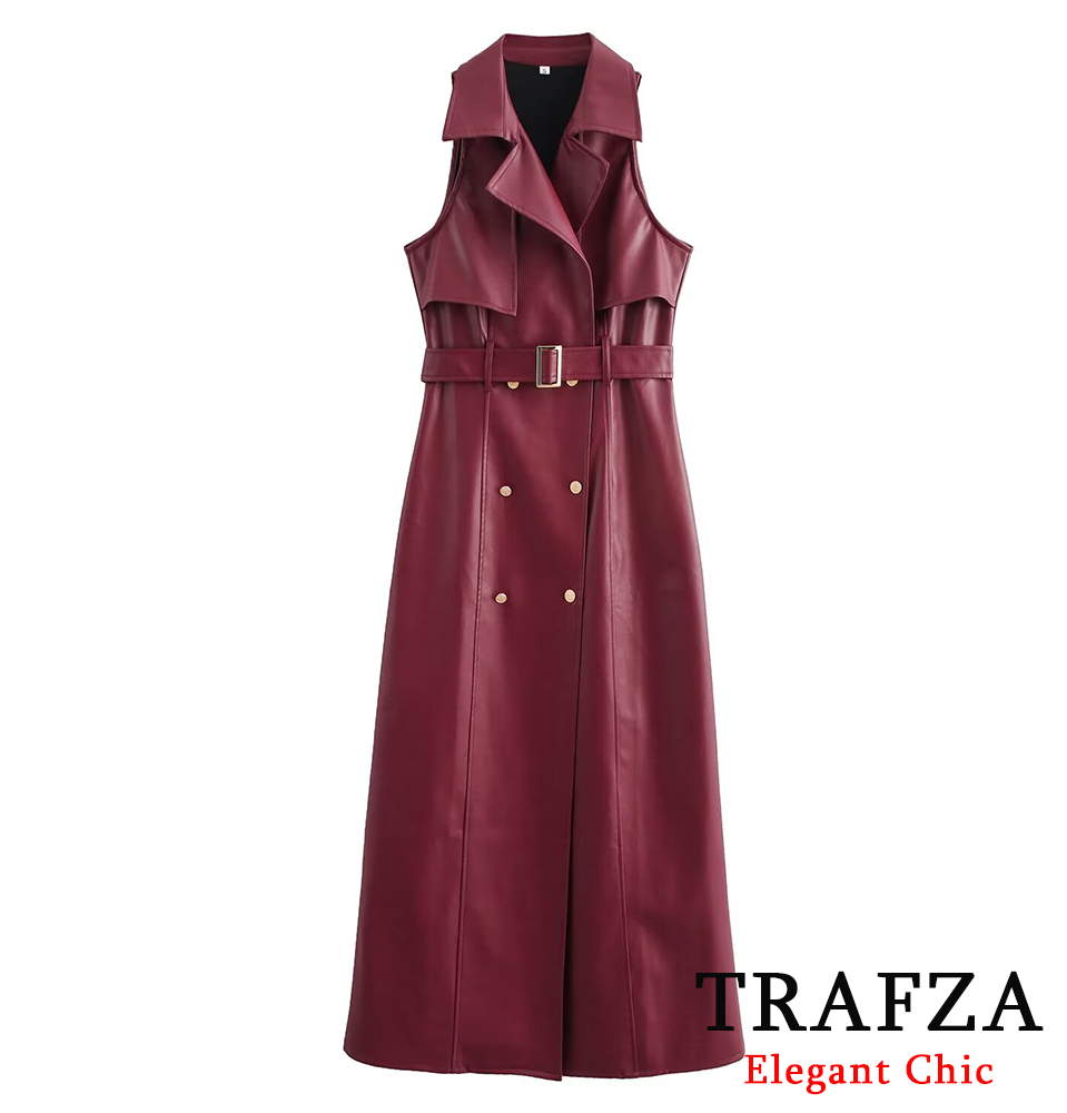 TRAFZA-Women Commuter Vintage Long Dress Burgundy Belt Button Lapel Waist Dress New 2024 Spring Summer Stylish Dinner Date Dress