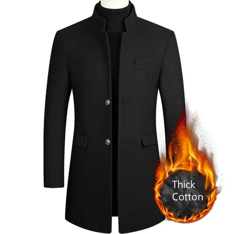 Mens Autumn Winter Long Woolen Coats Mens Business Office Casual Slim Solid Wool Windbreaker Thicken Warm Trench Jacket