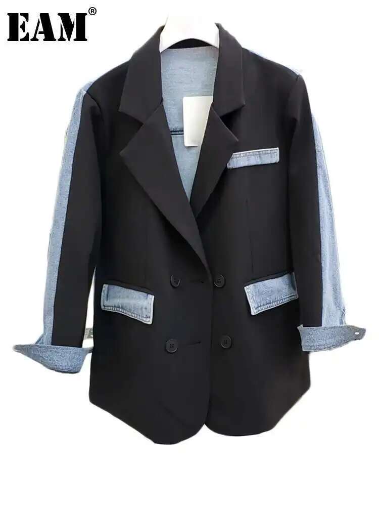 [EAM] Women Blue Denim Color-block Big Size Blazer New Lapel Long Sleeve Loose Fit Jacket Fashion Spring Autumn 2025 1DH7741