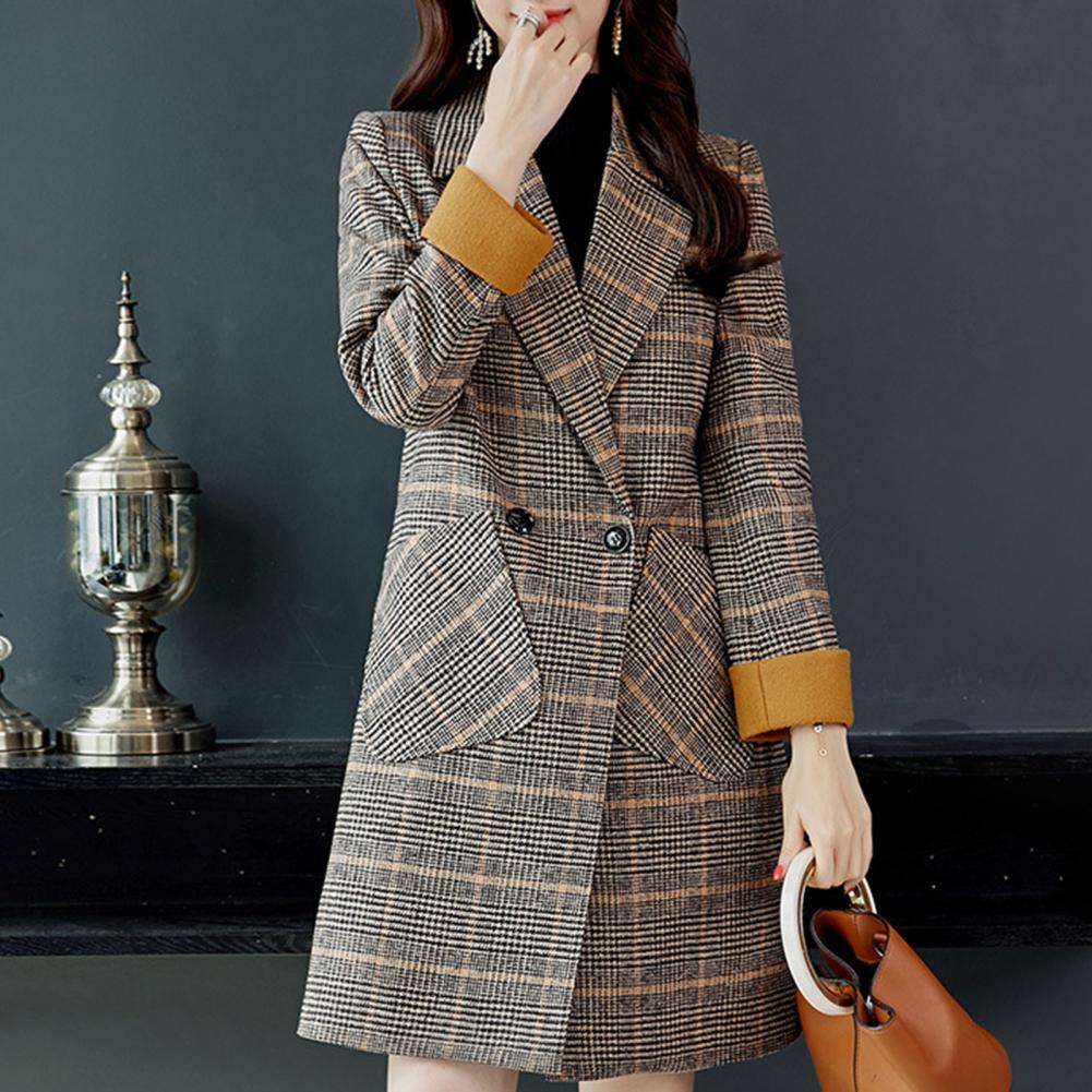 Plaid Print Woolen Coat For Women Double Buttons Retro Print Jacket Casual Women Jacket Lady Trench Coat Autumn Winter Coat