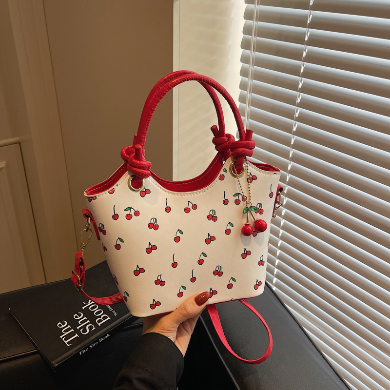 Vintage Shoulder Bag, Small 20-30 cm Barrel Clutch Purse with Single Strap, White and Red Cherry Print, Soft PU Material, Sequin Embellishments, Zip