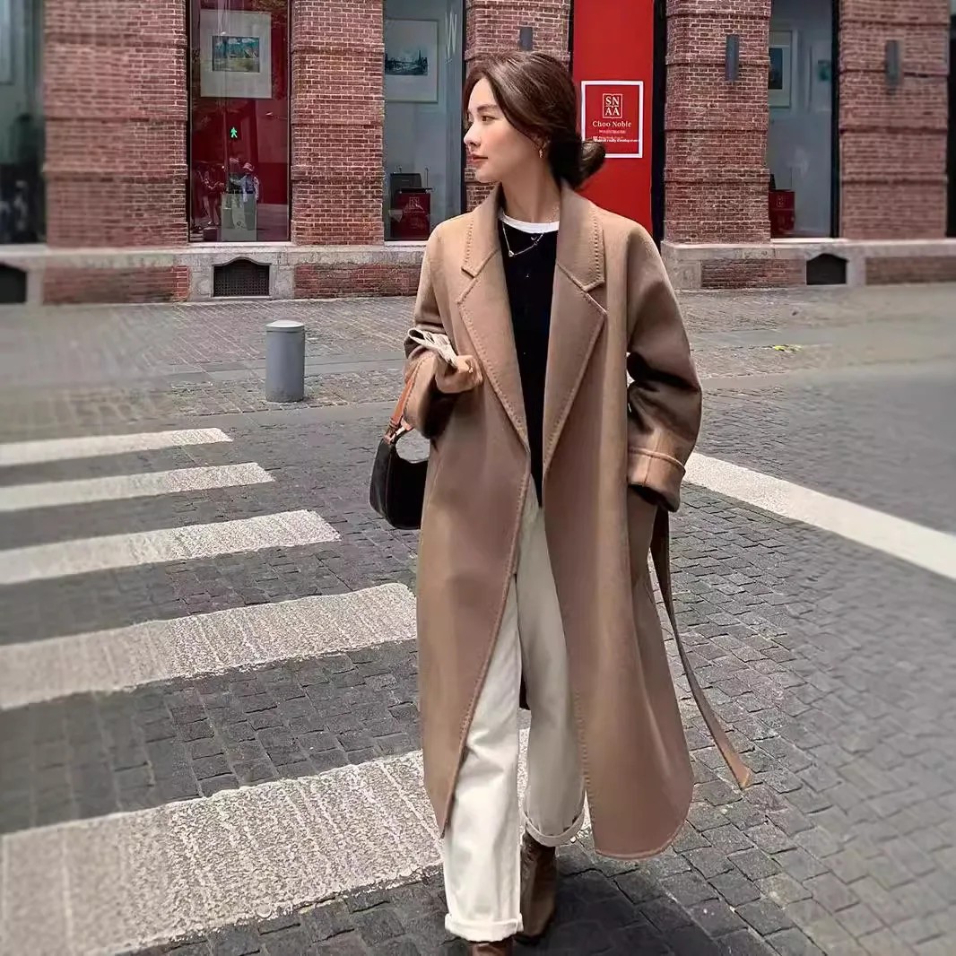 Loose-Fit Casual Women's Double-Sided Woolen Coat Solid Color Petite Overcoat With Belt From China Mainland Nylon Lining