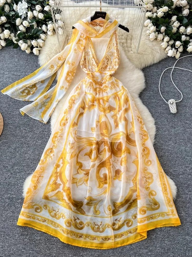 Summer Bohemian Golden Blue and White Porcelain Holiday Dresses Women's Sexy Halter Bandage Backless V Neck Beach Long Vestidos