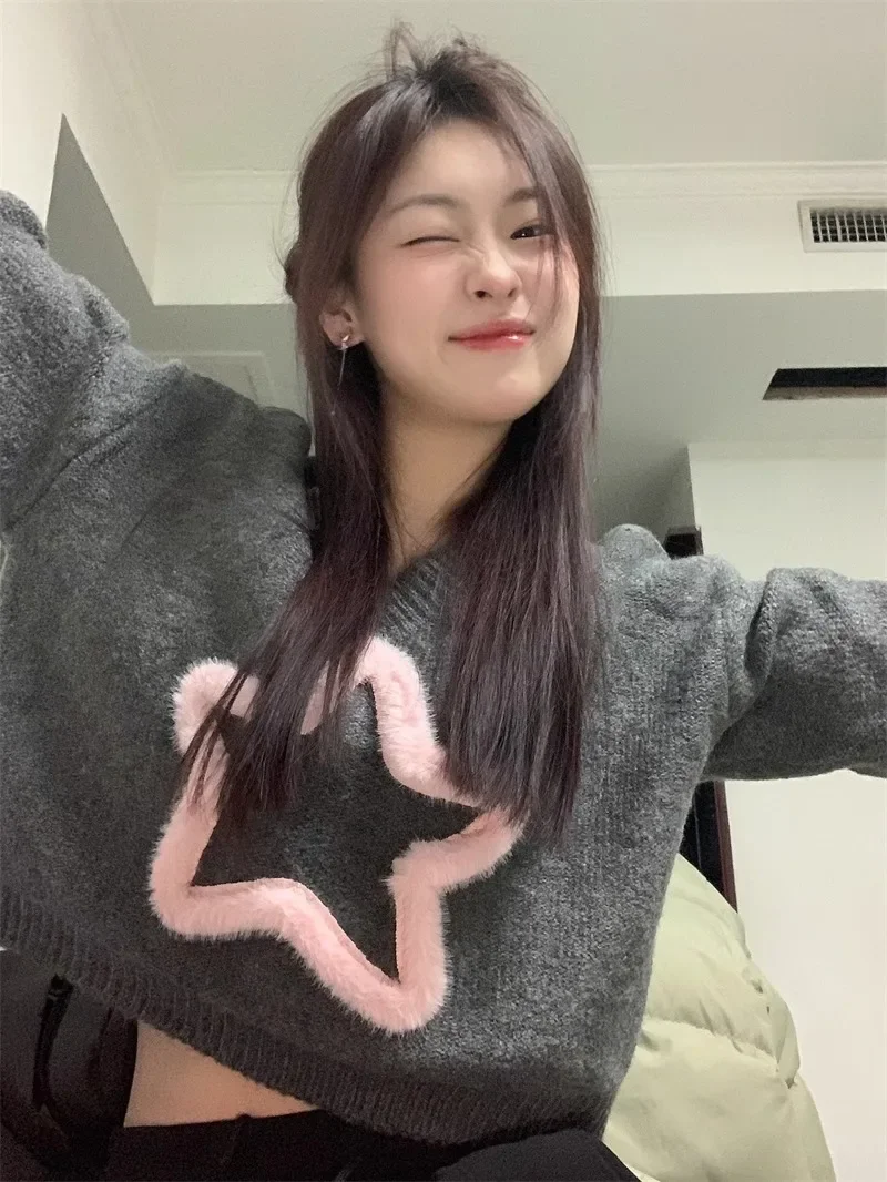 Pink Sweet Star Pullovers Women V Neck Short Sweaters Long Sleeve Knitted Harajuku Preppy Style Y2k Loose Sueter Mujer Korean