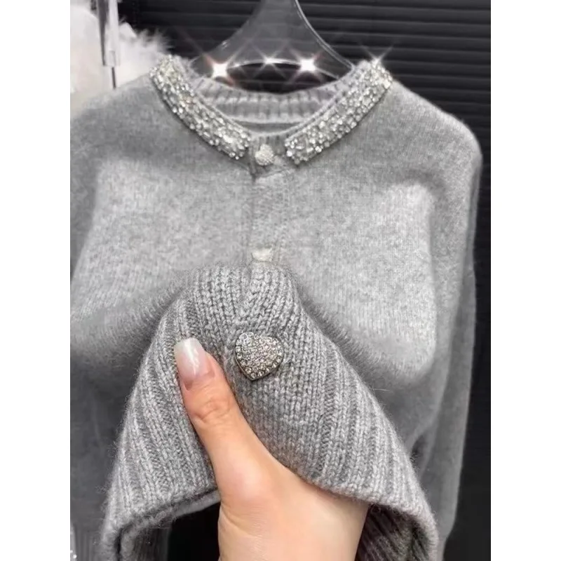 2024 New Year Fashionable Heavily Embroidered Round Neck Knitted Cardigan Sweater Women's French Soft Knitted Top