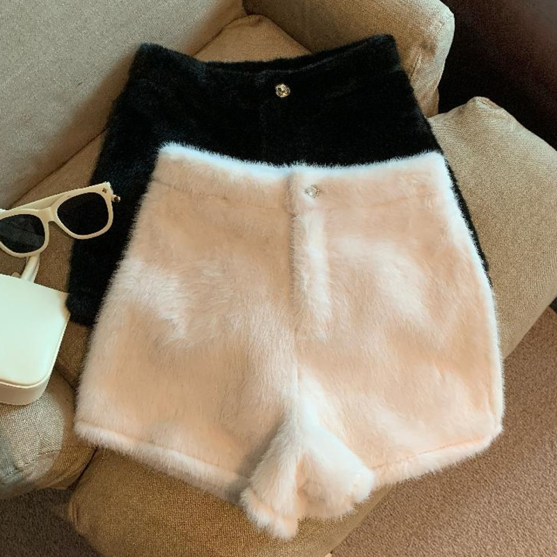 White Faux Mink Velvet Short Women 2024 Autumn Winter Thickened Warm Plush OuterWear Boot Pants High Waist Casual Wide Leg Pants