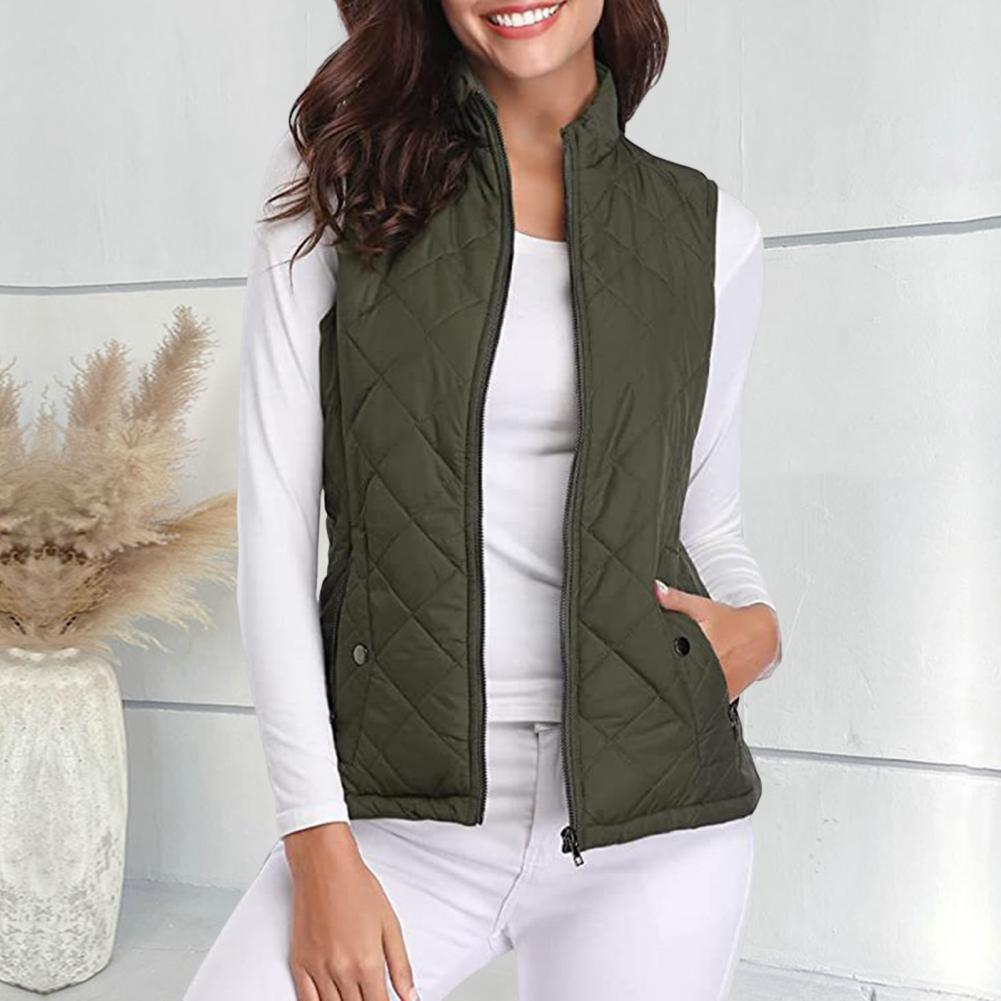 Women Waistcoat Causal Solid Color Stand Collar Sleeveless Lady Vest Padded Zip-up Heat Retention Women's Clothings For Winter