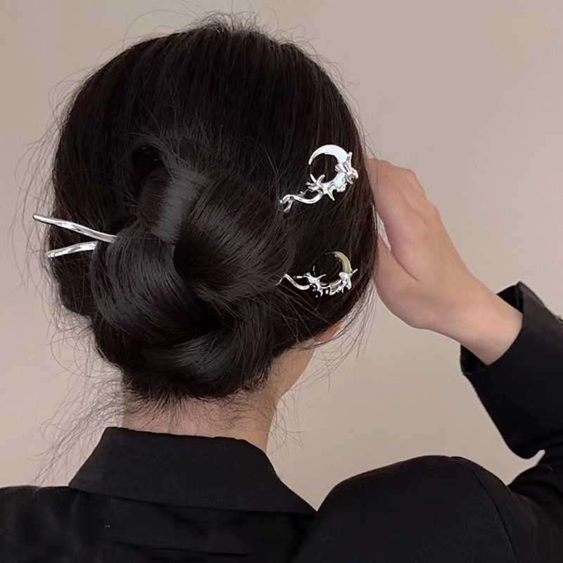 2025 New Black Crystal Moon Hair Stick For Women Vintage Chinese Style Chopstick Shaped Hairpin Headdress Hair Accessories