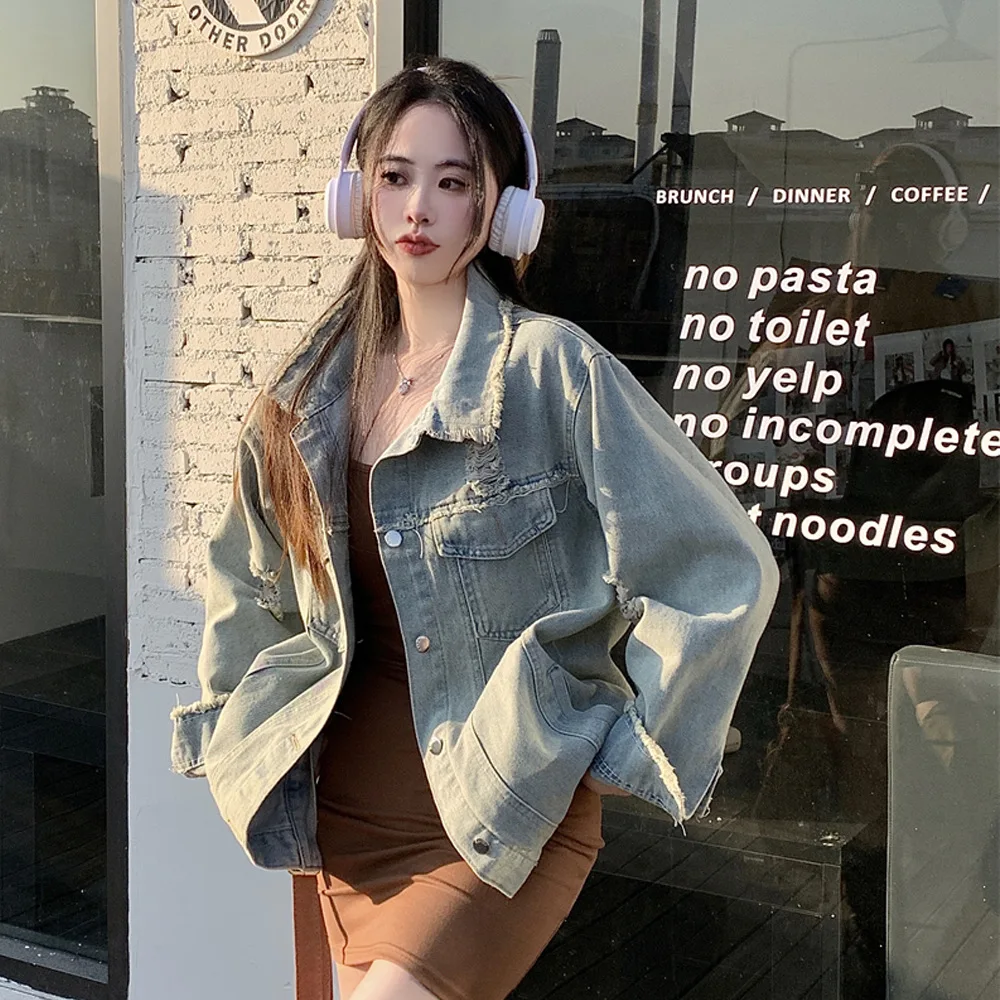 Women's Denim Jacket Sensibility Vintage Distressed Fringe Loose-Fit Versatile Casual Top 2024 New Style Lifetime Fashion