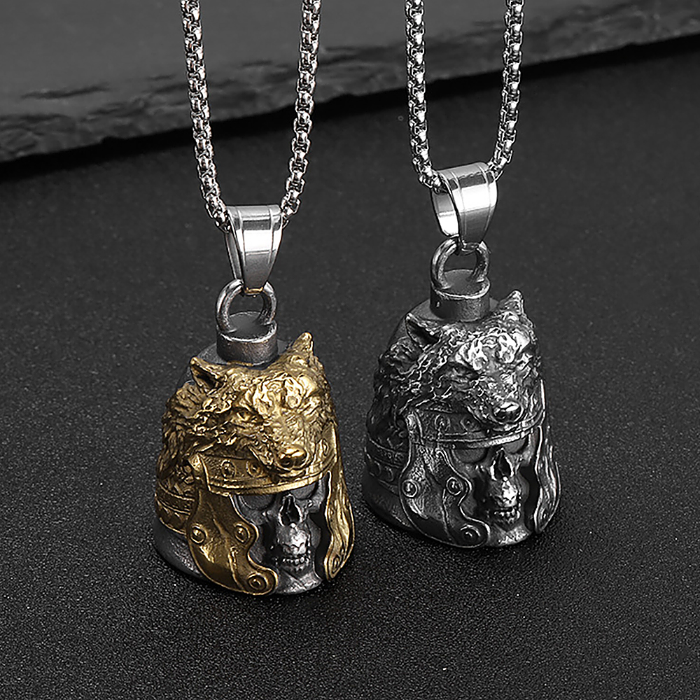 New Vintage Vikings Warrior With Wolf Head Bell Pendant For Men Stainless Steel Nordic Amulet Motorcycle Jewelry Gifts Wholesale