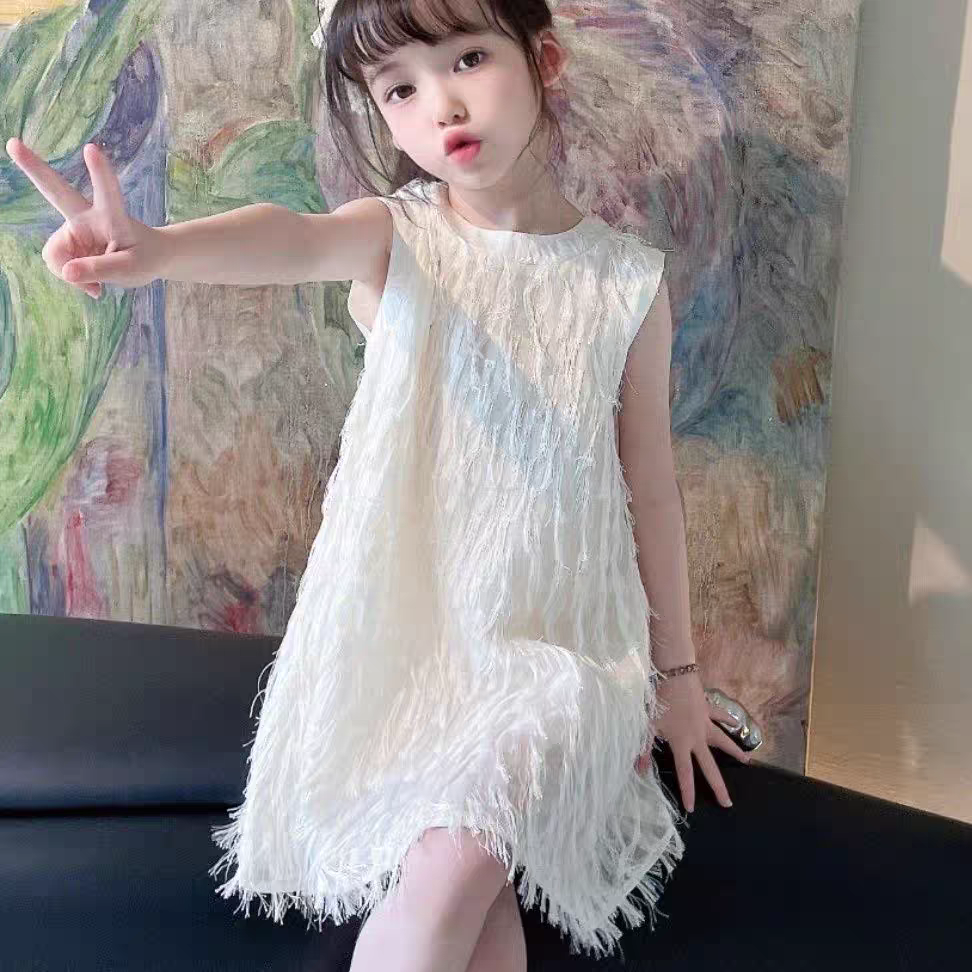 D35 Girls dress summer new 2024 children&#039;s vest princess baby tassel bow girl skirt stylish-image-1066062737