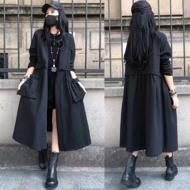 Black Elegant Fashionable Women's Trench Coat 2024 New Loose-Fit Plus Size Versatile Long Jacket European Style For Autumn