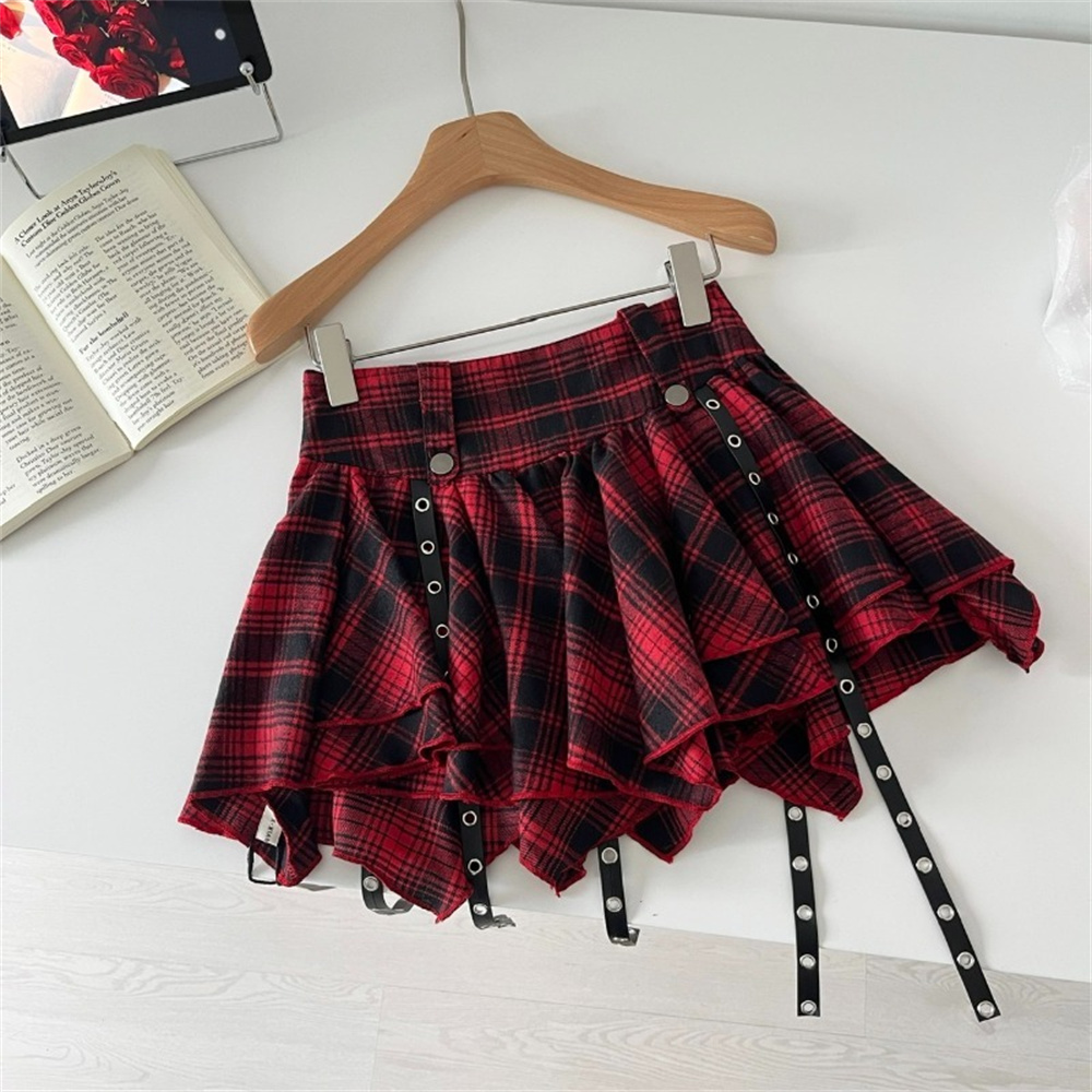 2000s Hot Girl Plaid Print Mini Cake Skirt Summer Irregular Hip Hop Costume Dance Skater Fashion Red High Waist Party Skirts 90s