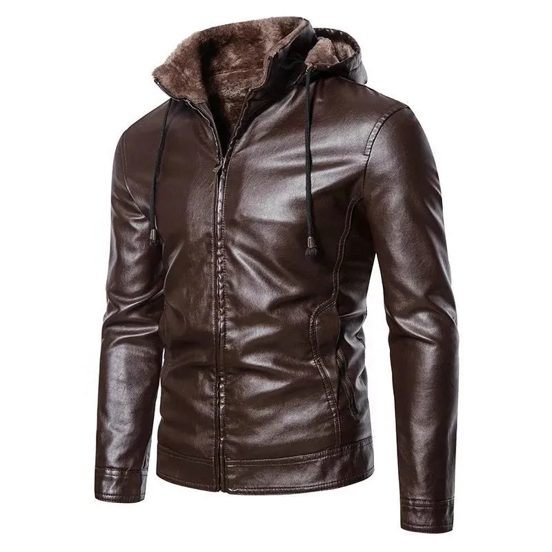 Fur hooded Windproof Warm Coat New Thick Brown Leather Jacket Mens Winter Autumn Men's Jacket Fashion Faux Men Brand Clothing