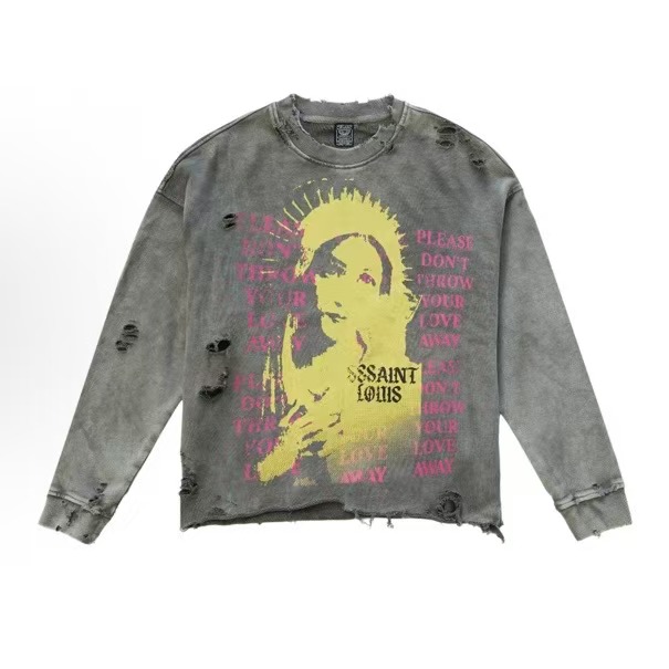 T-shirt t-shirt lavé hommes femmes High Street à manches longues à manches longues Tops Ripped 2025 Nouveau tee-shirt