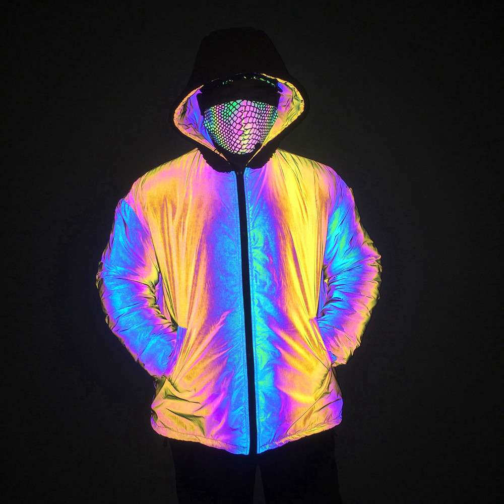 Reversible Men Long Sleeve Jackets Reflective Patchwork Lamb Wool Thick Coat New Colorful Reflect Light Winter Clothing