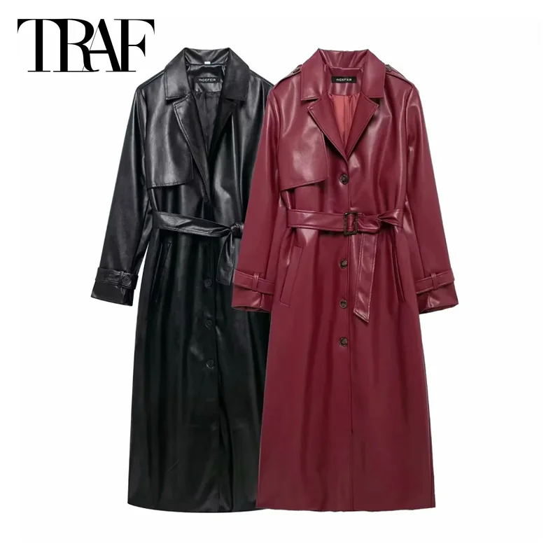 TRAF 2024 Women Faux Leather Windbreak Outerwears Autumn Winter Oversized Belt Trench Coat Fashion Elegant Winered Black Coat
