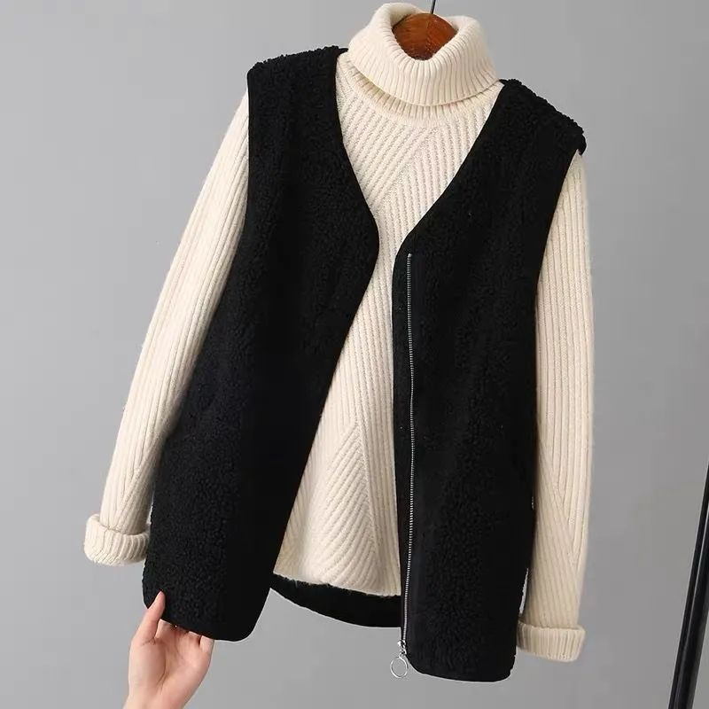 Spring Autumn 2025New Imitation Lamb Fur One Waistcoat Large Size Loose Vest Jacket Women Korean Sleeveless Coat Ladies Tide Top