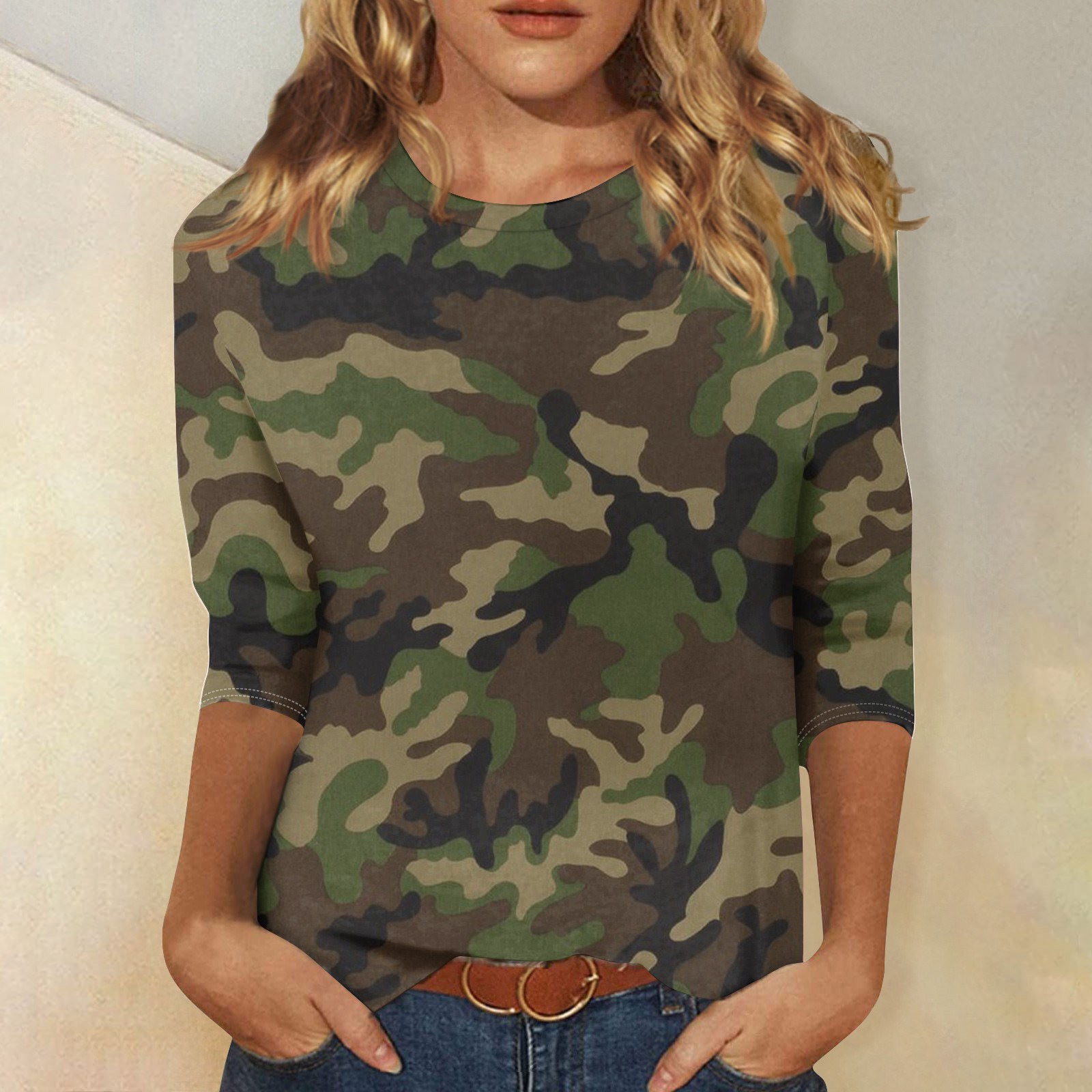 Camouflage Printed T-Shirt Top Women's Fashion Casual Seven Sleeve Round Neck Shirts Loose Daily All-Match Tees Fashion Blouse