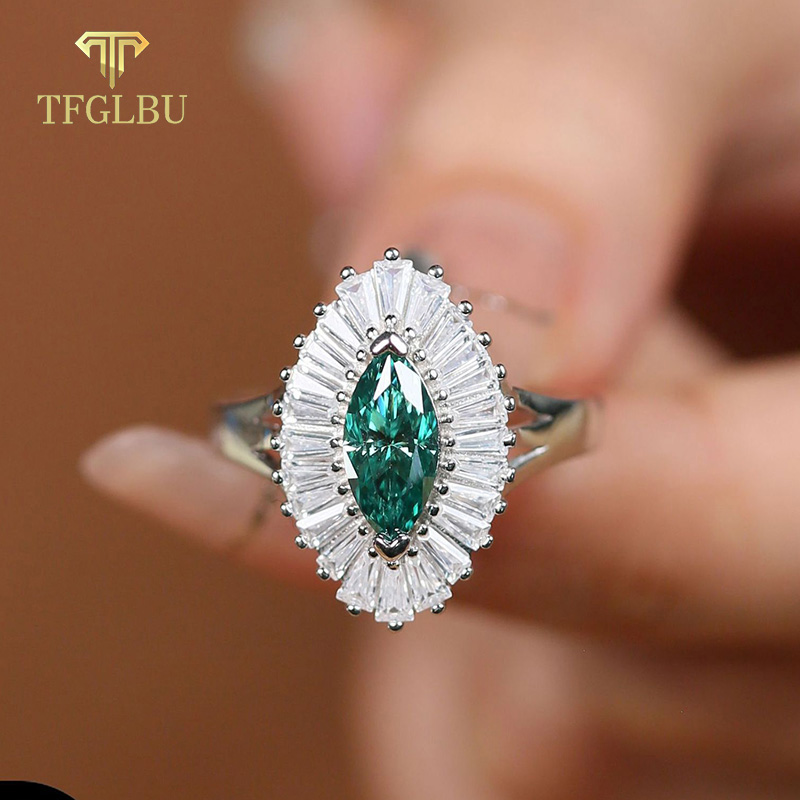 TFGLBU 1CT Green Marquise Cut Moissanite Ring for Women S925 Sterling Silver Valentine's Day Gift White Gold Plated Party Band