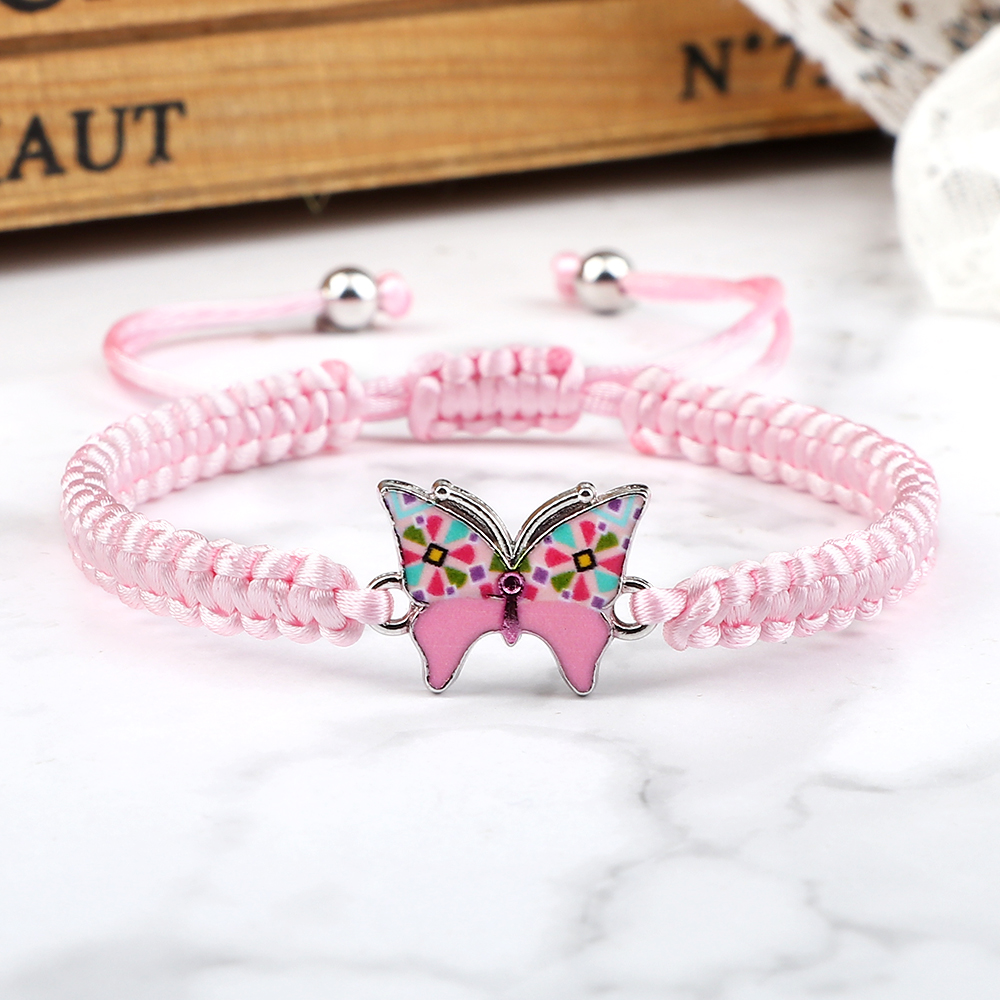 Lucky Woven Rope Bracelet&Bangle Women Handmade Adjustable Pink Butterfly Pendant Bracelets Charm Girls Friendship Jewelry Gifts