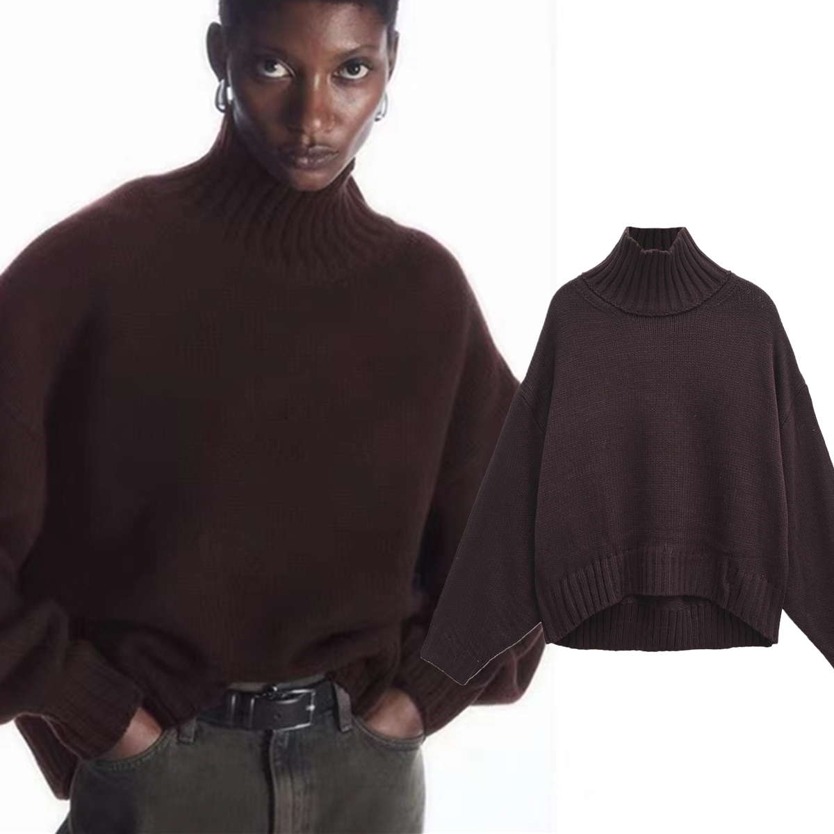 Jenny&Dave Winter Sweaters Women Minimalist Brown High Neck Knitted Sweater Fashion Ladies Elegant Knitwear
