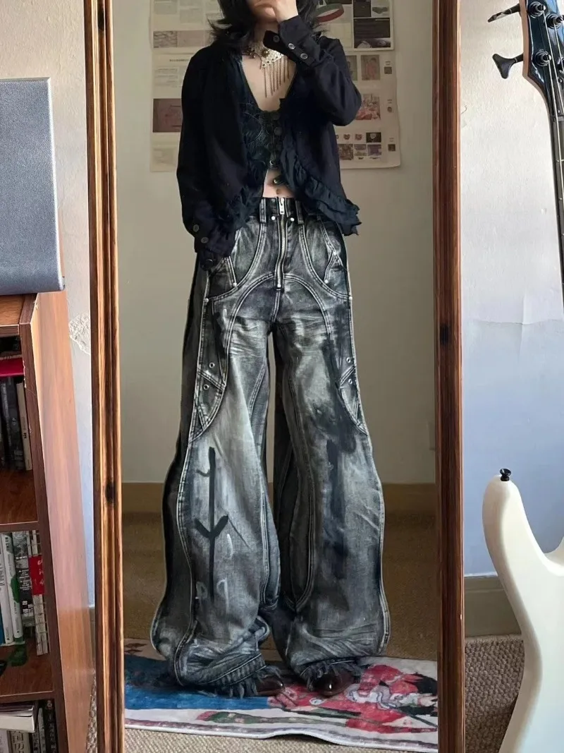 2024 New American Retro Hip-hop Washed Fashion Striped Graffiti Jeans women's Y2K Harajuku Punk Gothic Wide Pants Street Jeans