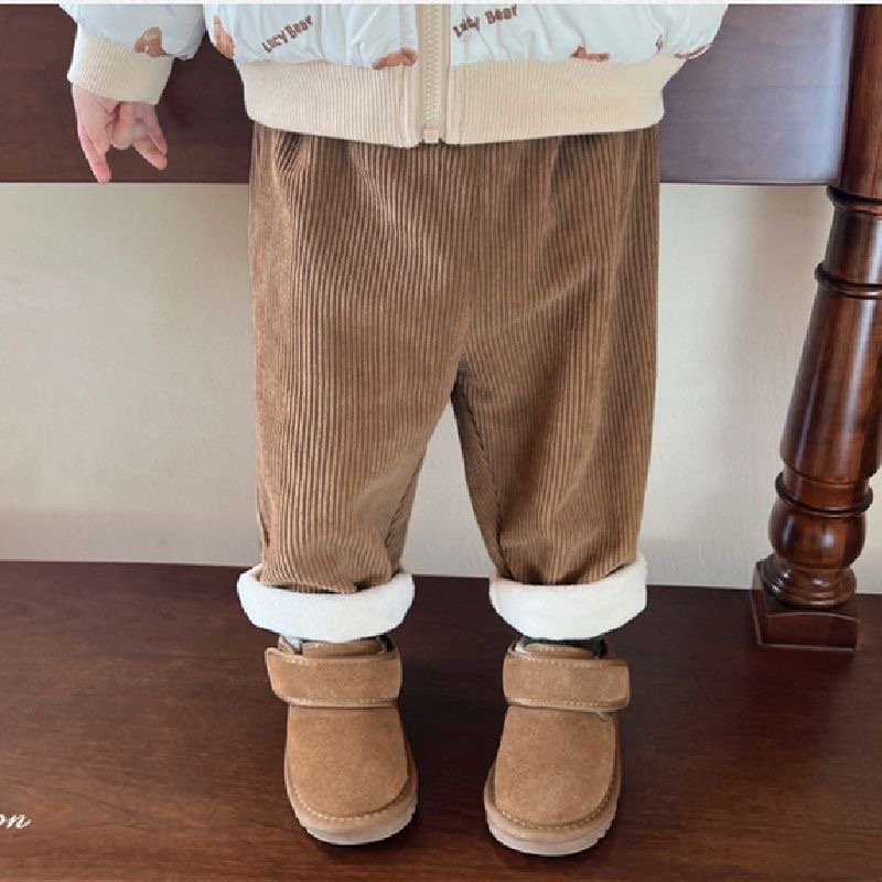 1pcs Boys Girls Winter Velvet Corduroy Kid Pants Little Bear Cartoon Mid Waist Warm Pantalone Baggy Thick Plush Children Trouser