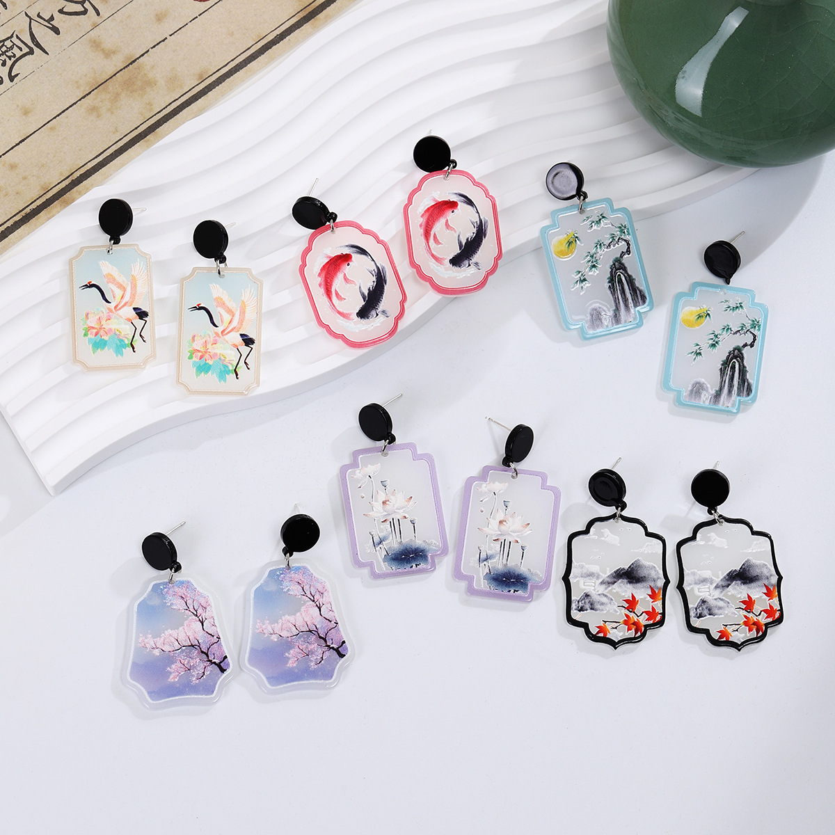 Vintage Chinese Style Ink Painting Acrylic Drop Earrings Lotus Flower Lucky Koi Pattern Geometric Hanging Earrings for Women