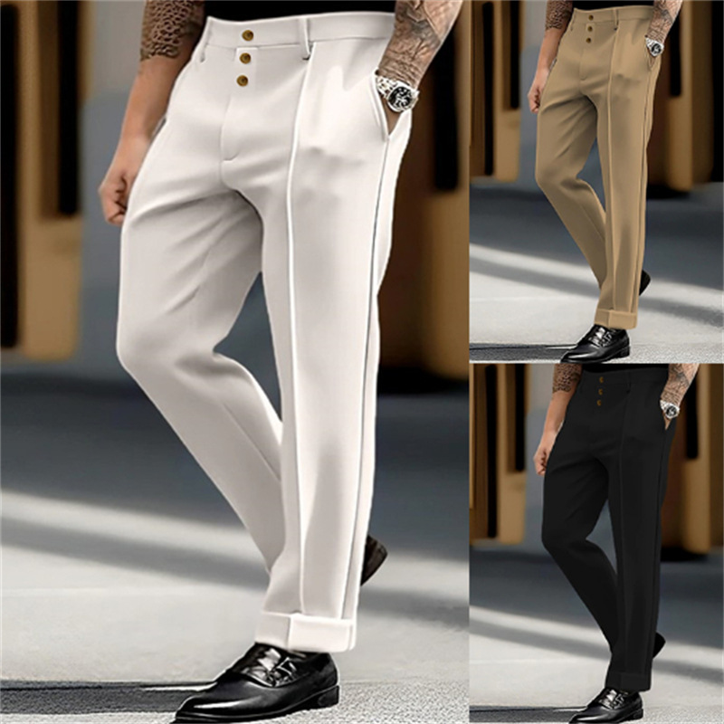 Vintage Men Casual Suit Pants Multiple Buttons Loose Straight Trousers Spring Autumn Fashion Solid Color Outdoor Pant Oversized