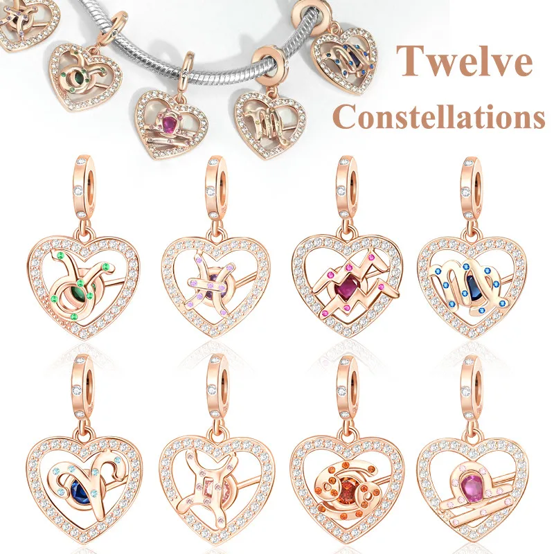 925 Sterling Silver Twelve Constellations Heart Charms Bead Gemini Capricorn for Original Bracelet Diy Jewelry Gift for Women