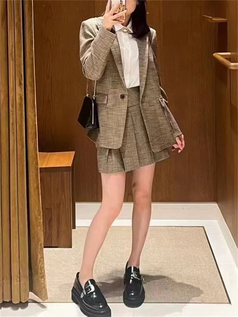Women Plaid Set Pleated A-line Mini Skirt or Single Button Long Sleeve Blazer Office Lady Fashion Suit 2024 Fall Winter