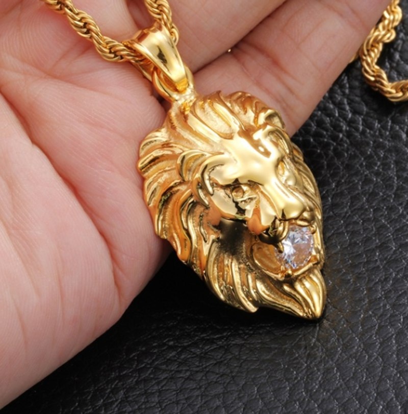 Domineering Lion Head Animal Inlaid Cubic Zirconia Pendant Necklace for Men\'s Motorcycle Riding Punk Fashion Hip-Hop Jewelry