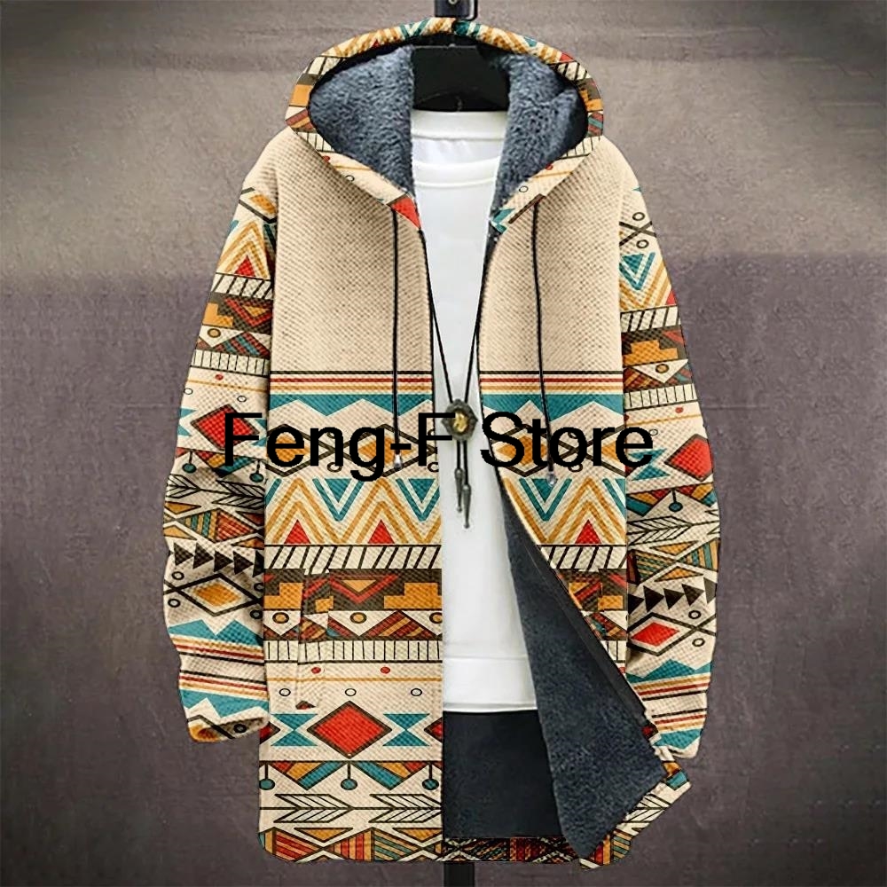 3D Men Jacket Cardigans Native Aztec Graphics Long Coats Printed Mid Trench Outdoors Fleece Winter Casual Streetwear Clothing