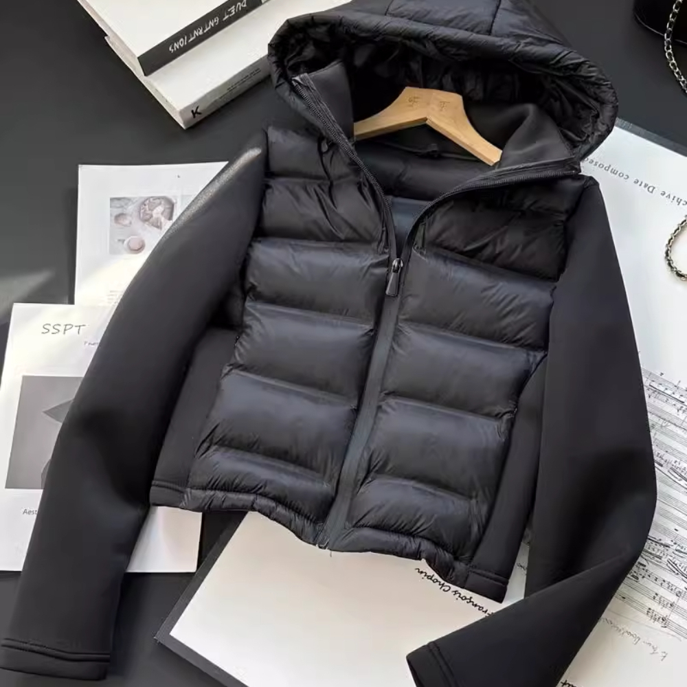 ZBZA Woman's Neoprene Effect Jacket High Collar Long Sleeves Hooded Splice Warm Overcoat Autumn Winter New Female Chic Outerwear
