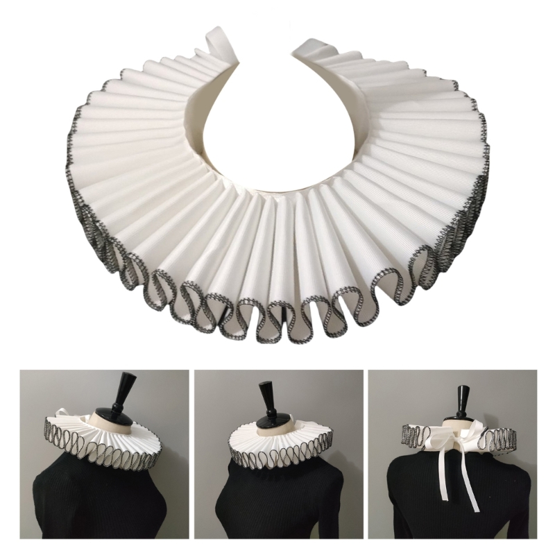 Vintage Victorian Ruffled Faux Collar Men and Women Black Trimmed Ribbon Tie Neck Ruff Shawl Renaissance Clown Choker Collar