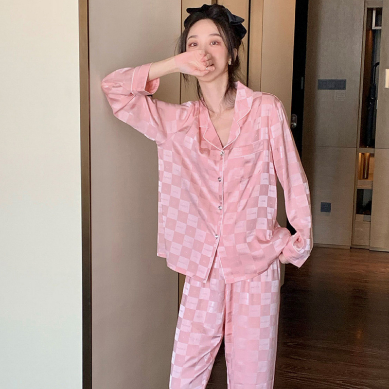 Jacquard Checkerboard Womens 2pc Pajamas French Romantic Harajuku Lady Nightgown 2024 New Summer Korean Fashion Spwear Z260509 S260803TOYU