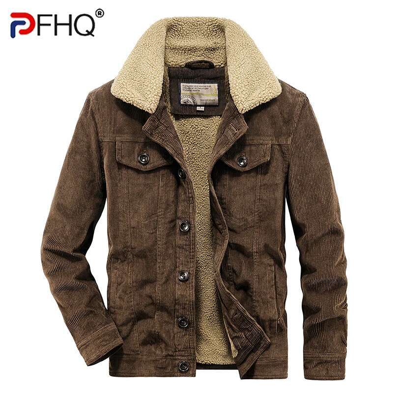 PFHQ Corduroy Lambskin Men's Cotton Coat Winter Jacket Velvet Workwear 2024 Pocket Design Male Tops Korea Fashion 21Z7407