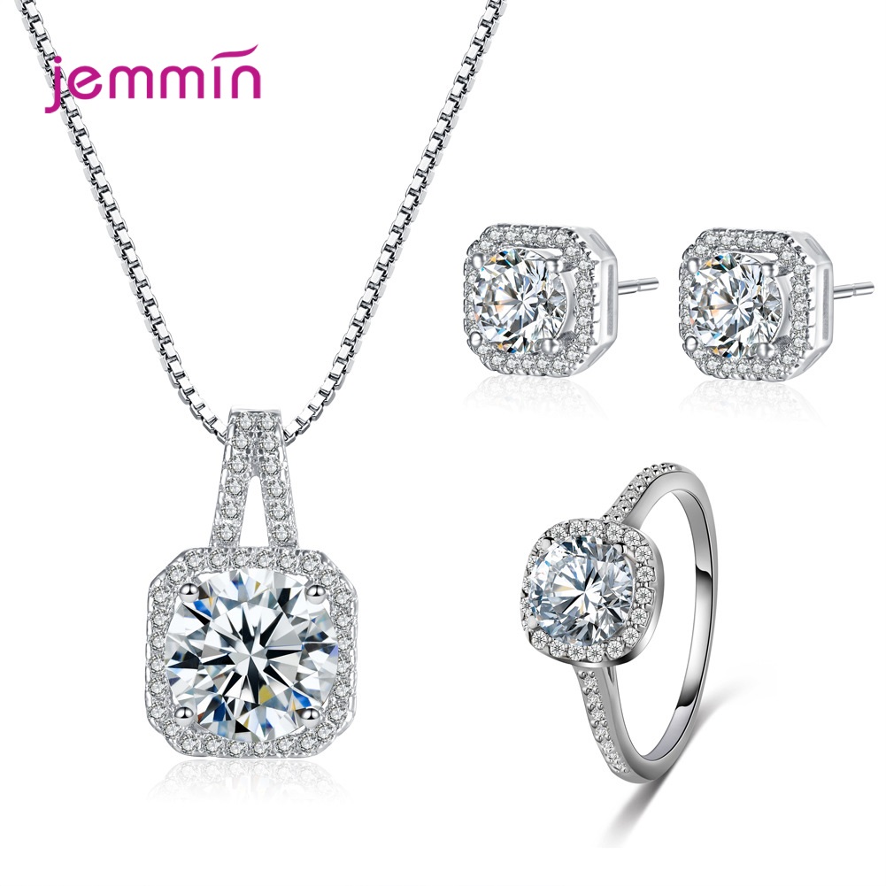 100% Real 925 Sterling Silver Sparkling Crystal Jewelry Sets Classic Shiny CZ Ring Earrings Pendant Necklace For Women