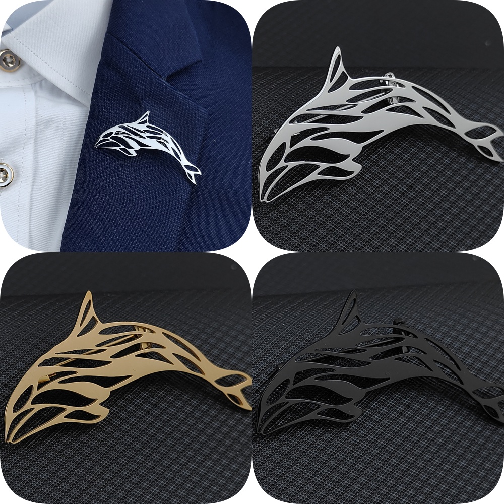 New animal dolphin hollow stainless steel gold-plated brooch, men's lapel pin black, silver suit badge set