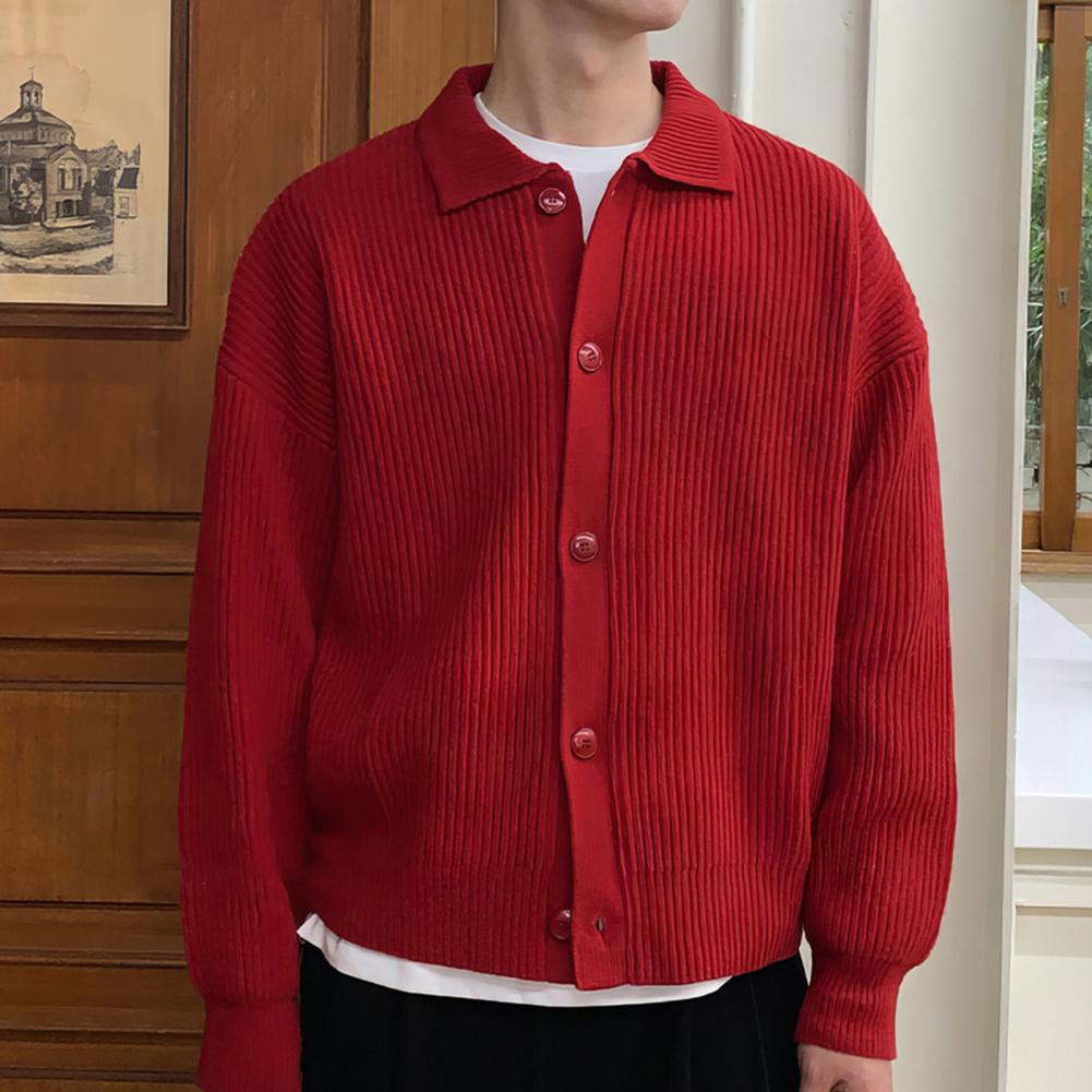 Men's Winter Knit Cardigan Coat Turn Down Collar Single Breasted Button Loose Fit Long Sleeve Jacket for Work School Dating