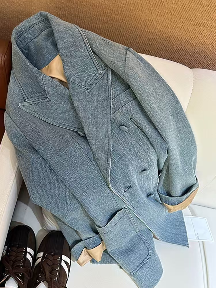 2025 Spring Vintage Style Blazer Coats Women Jacket Casual Loose Blue Denim Style Outwear Woman Petite Female Clothing